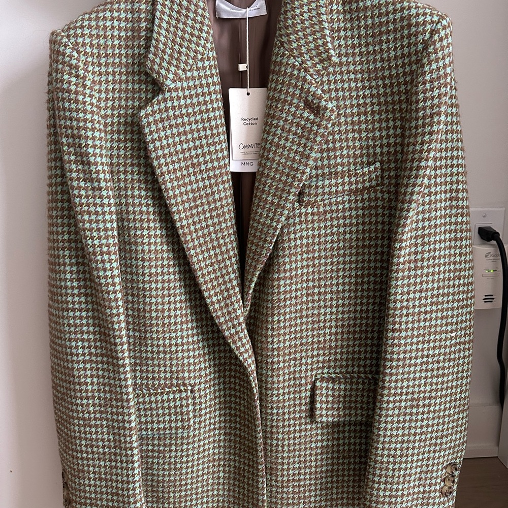 M Mango Green Brown Blue Houndstooth Blazer